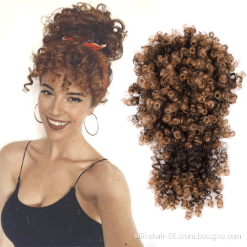 High Quality Brown Short Drawstring Ponytail Afro Puff Hair Pieces Kinky Curly Chignon With Bangs Synthetic Hair Bun Extensions